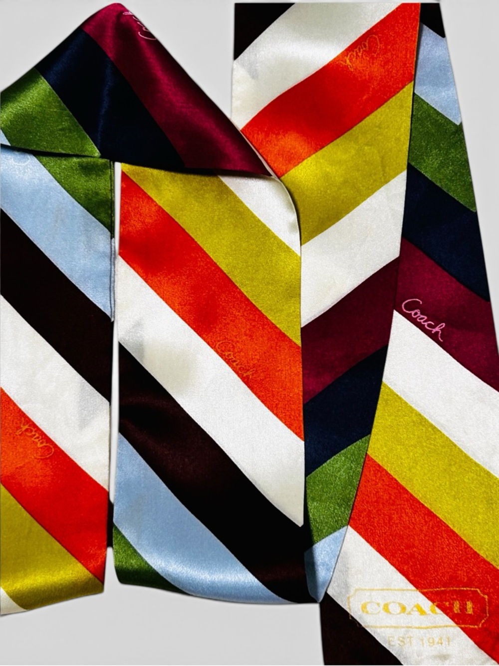 COACH Legacy Stripe Knotted Tassel Fringe Silk Scarf - Picture 4 of 8